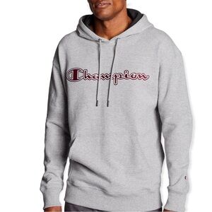 CHAMPION Gray Hoodie With Crimson And White Felt Script Logo Size Lg